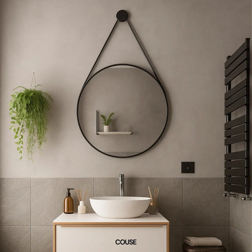 Espelho Redondo Adnet 40cm Com Alça Couro Decorativo Couse