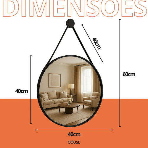 Espelho Redondo Adnet 40cm Com Alça Couro Decorativo Couse