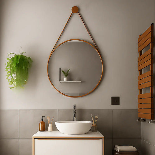 Espelho Redondo Adnet 40cm Com Alça Couro Decorativo Couse