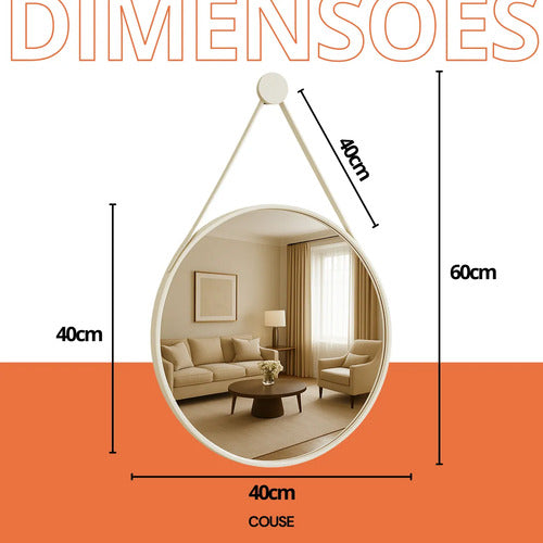 Espelho Redondo Adnet 40cm Com Alça Couro Decorativo Couse