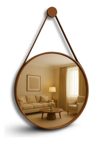 Espelho Redondo Adnet 40cm Com Alça Couro Decorativo Couse