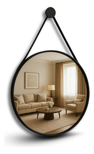 Espelho Redondo Adnet 40cm Com Alça Couro Decorativo Couse