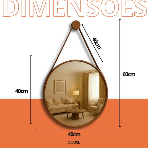 Espelho Redondo Adnet 40cm Com Alça Couro Decorativo Couse