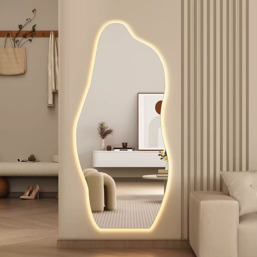 Espelho Orgânico Led 110cm 50cm Luz Branco e Luz Amarela Flame Premium Quarto Sala Salão Loja Instalação Fácil