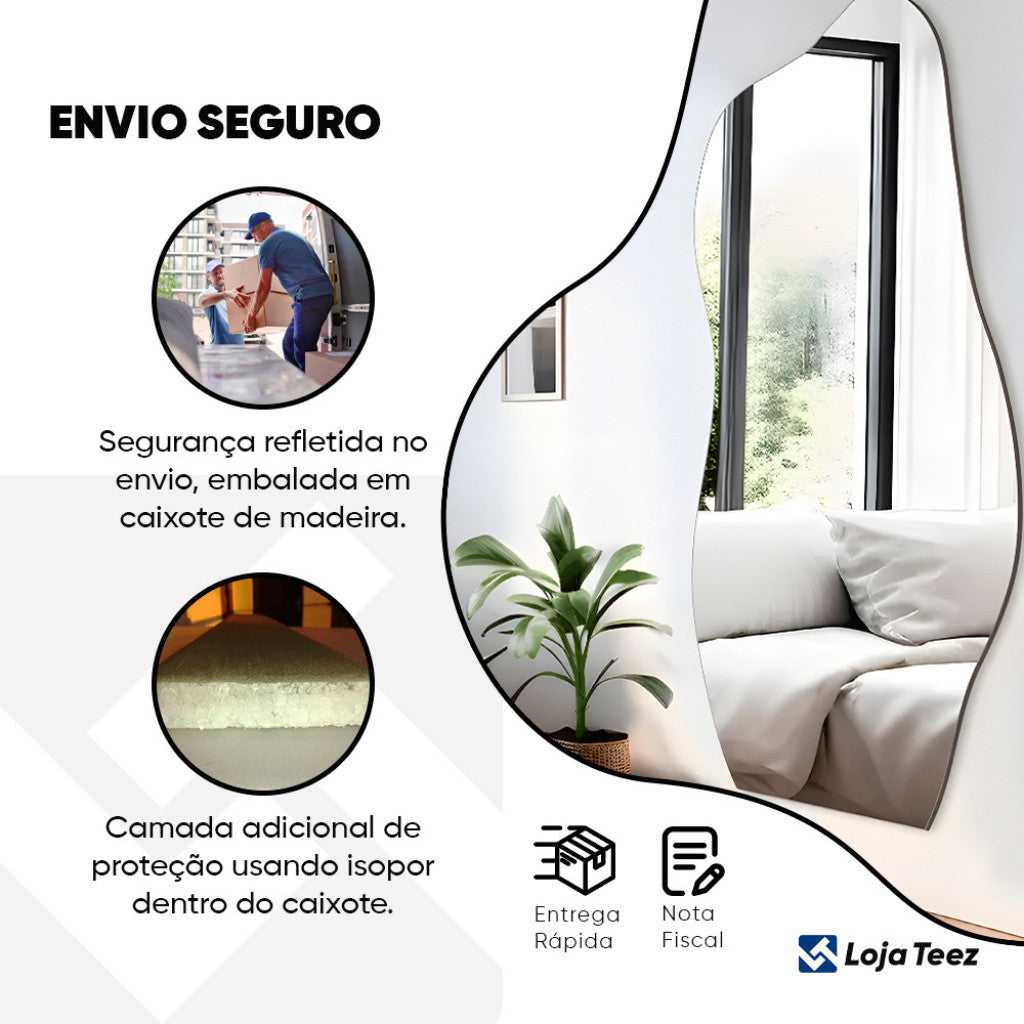 Espelho Orgânico 110cm 50cm LED Quente/Frio/S/LED Flame Premium Quarto Sala Salão Loja Instalação Fácil