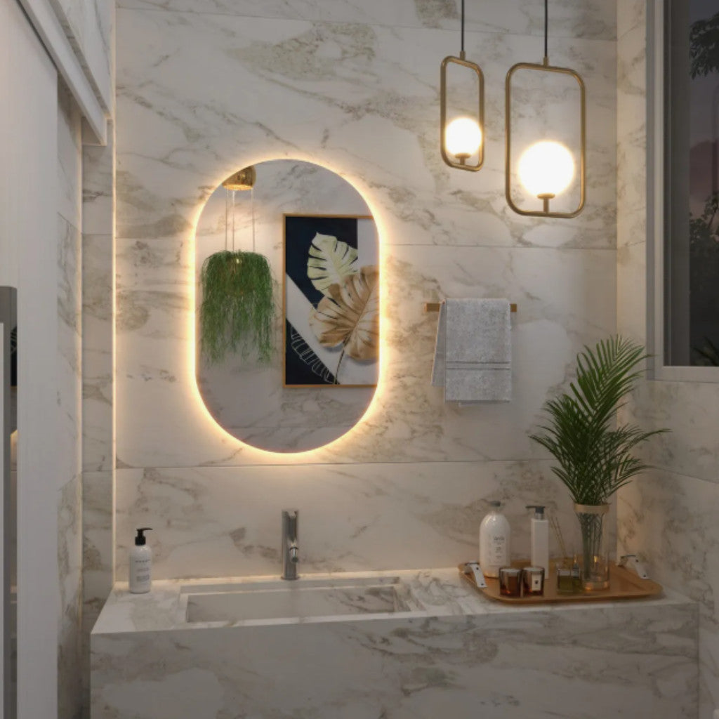 Espelho Grande Oval com Iluminação LED – Luz Quente/Fria Ideal para Banheiro e Sala