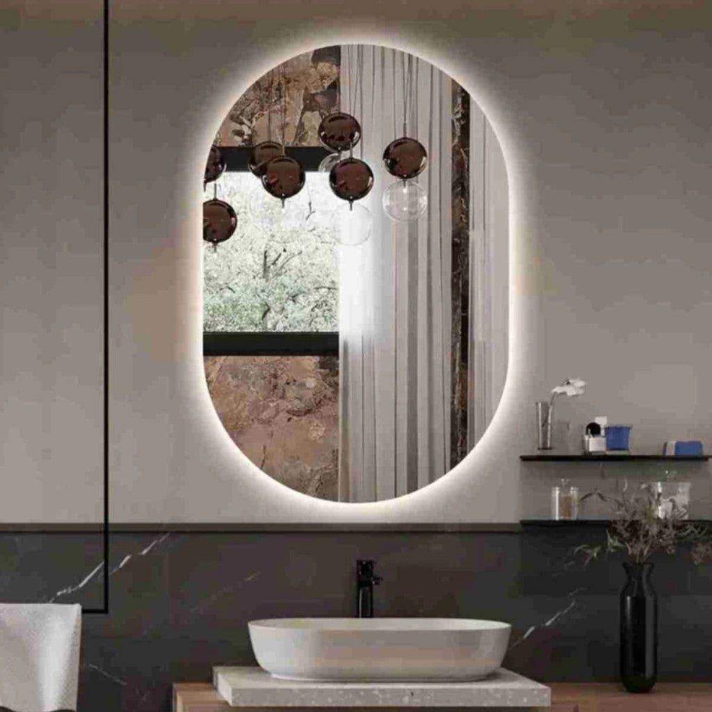 Espelho Grande Oval com Iluminação LED – Luz Quente/Fria Ideal para Banheiro e Sala