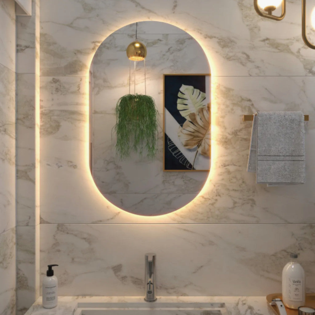 Espelho Grande Oval com Iluminação LED – Luz Quente/Fria Ideal para Banheiro e Sala