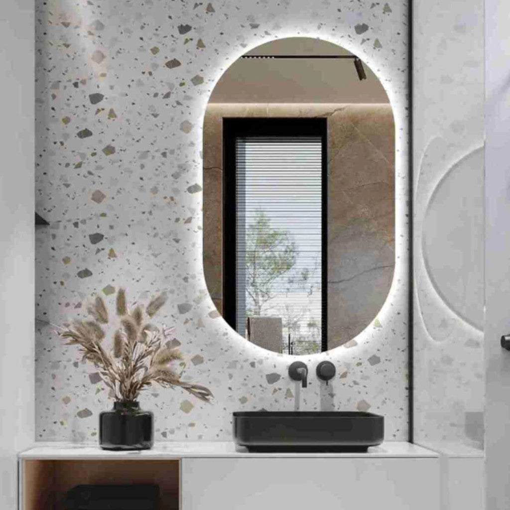 Espelho Grande Oval com Iluminação LED – Luz Quente/Fria Ideal para Banheiro e Sala